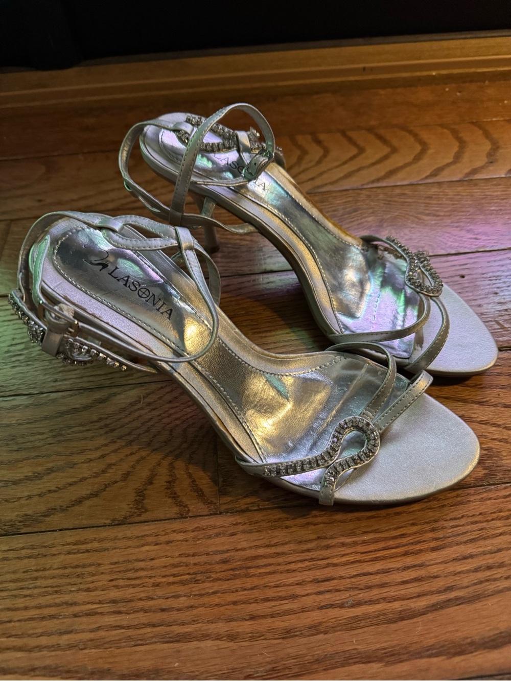 Embellished Silver Open-Toe Heels with Ankle Strap
